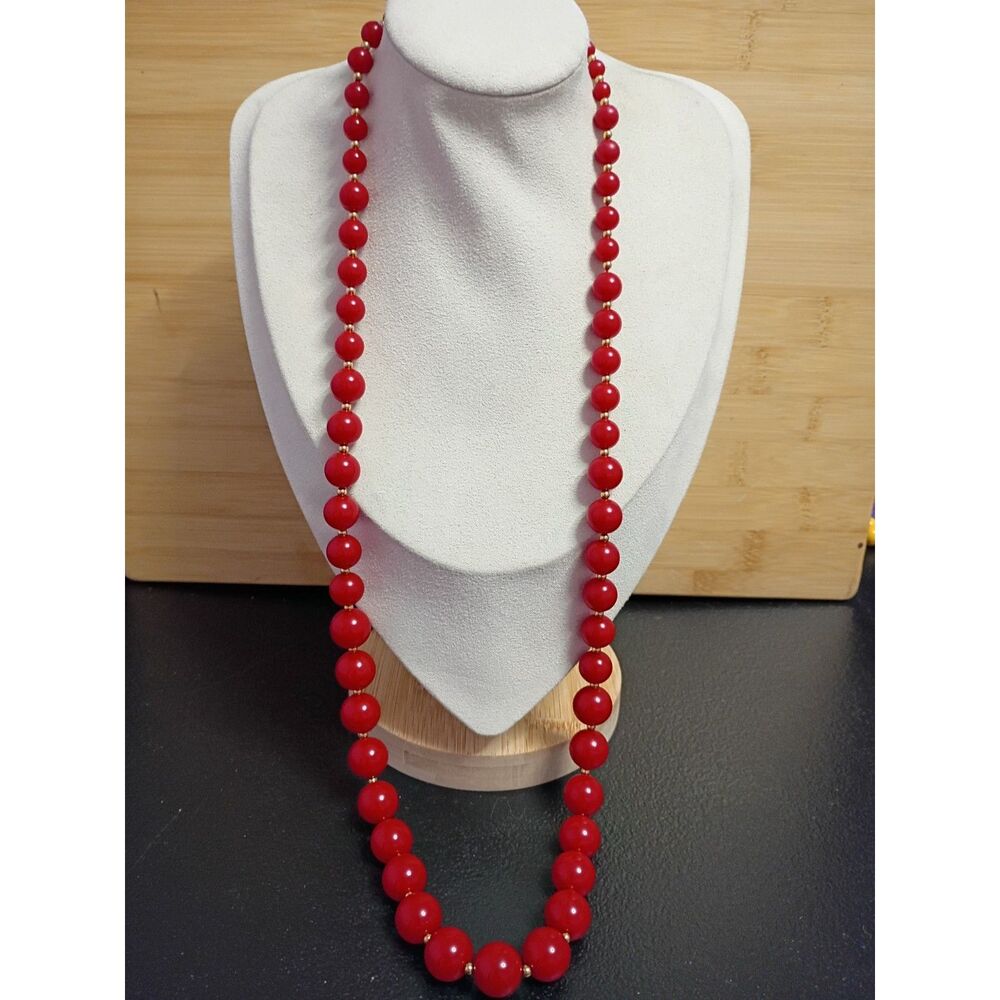 Vintage Designer, Monet Necklace Cranberry Red Resin Beads, Gold Tone Seed Beads